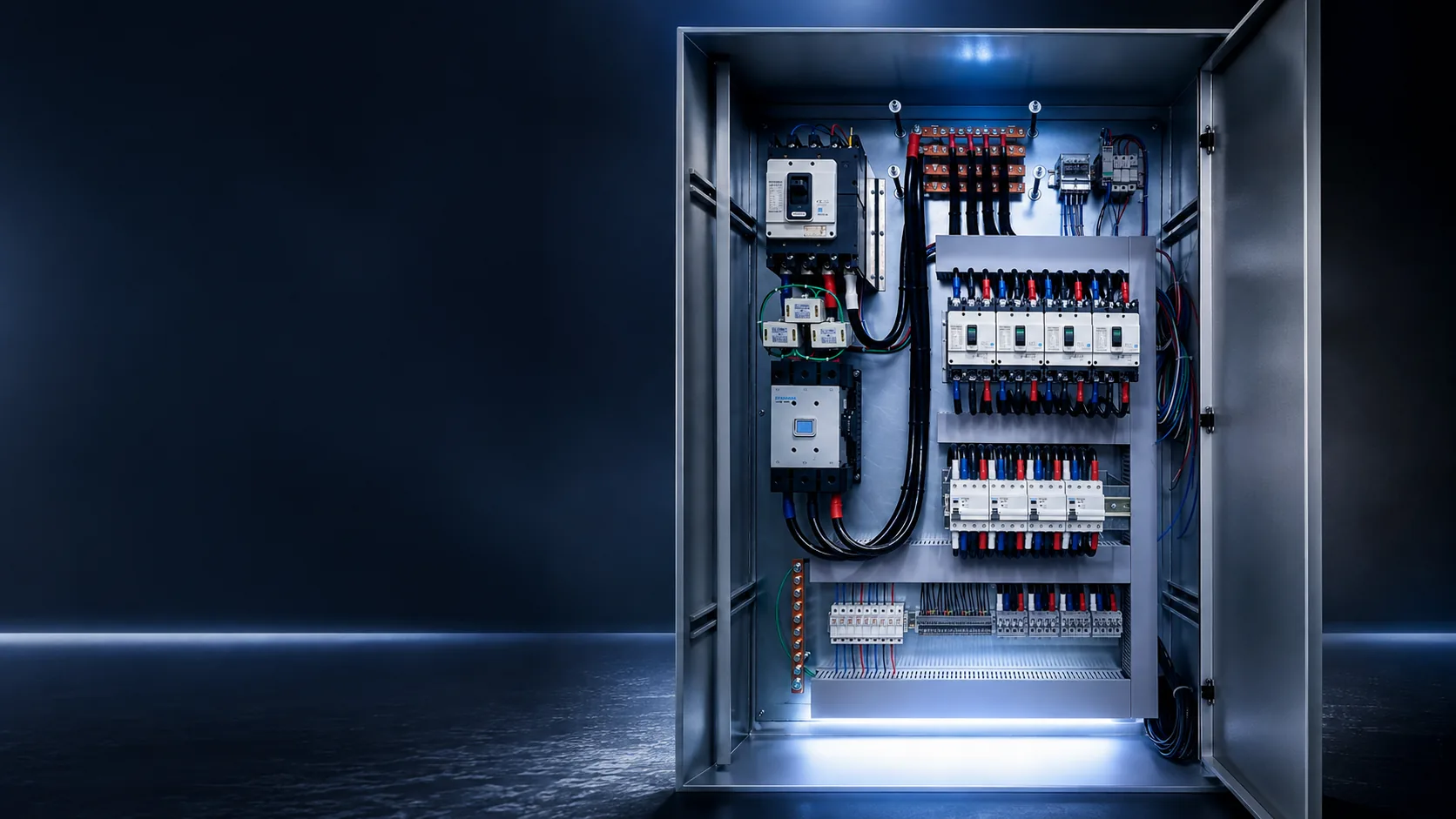 Tablero eléctrico de fuerza y control armado por Deproclima, con cableado rotulado y protecciones instaladas